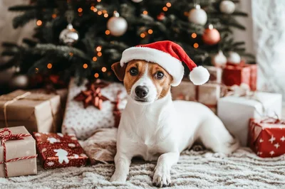 Jack Russell Terrier Wearing Santa Hat Under Christmas Tree