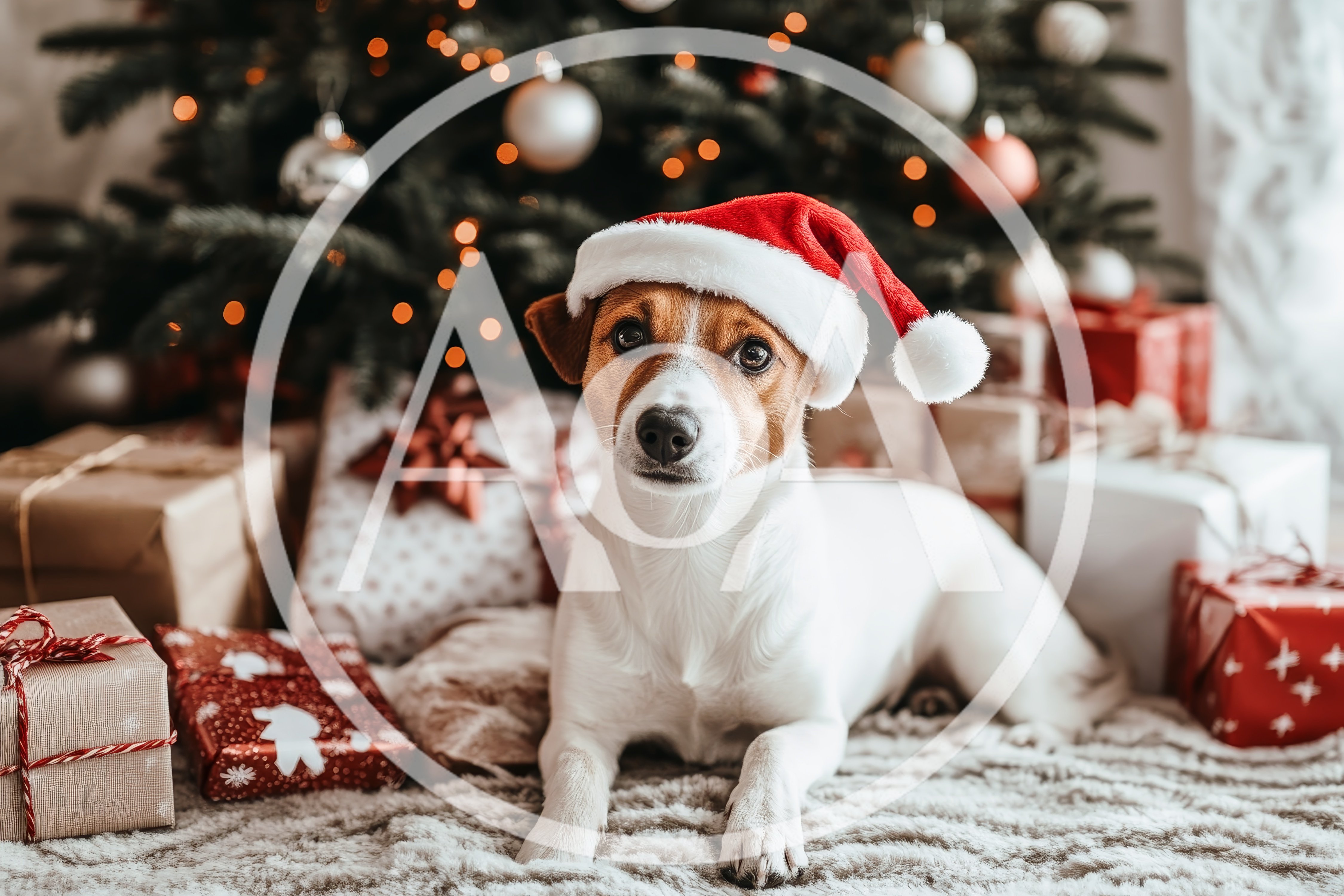 Jack Russell Terrier Wearing Santa Hat Under Christmas Tree