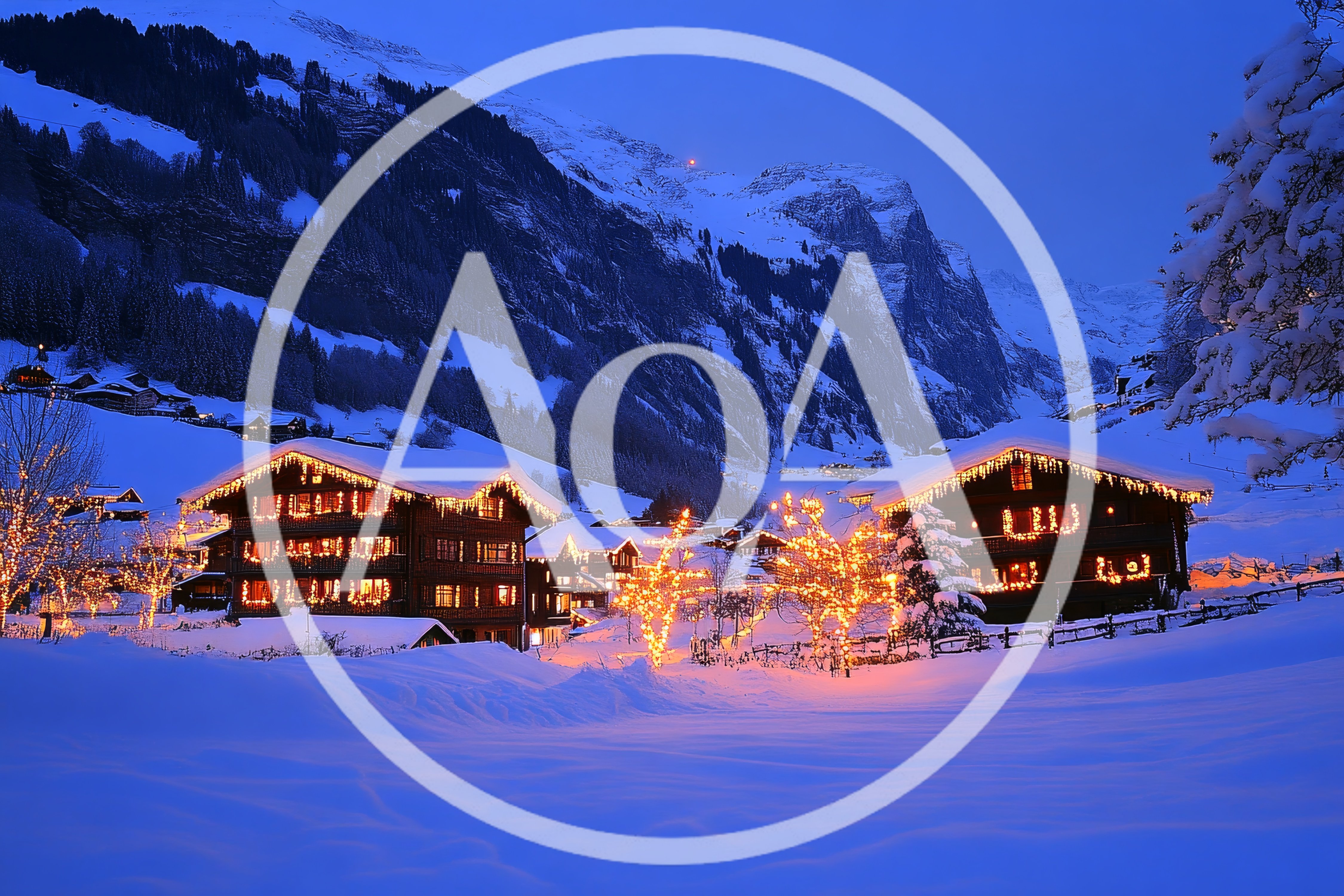 Illuminated Wooden Chalets In Snowy Swiss Alps Village