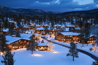 Winter Resort Village Illuminated At Twilight