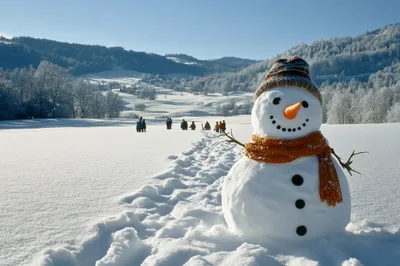 Snowman Standing In A Snowy Winter Landscape