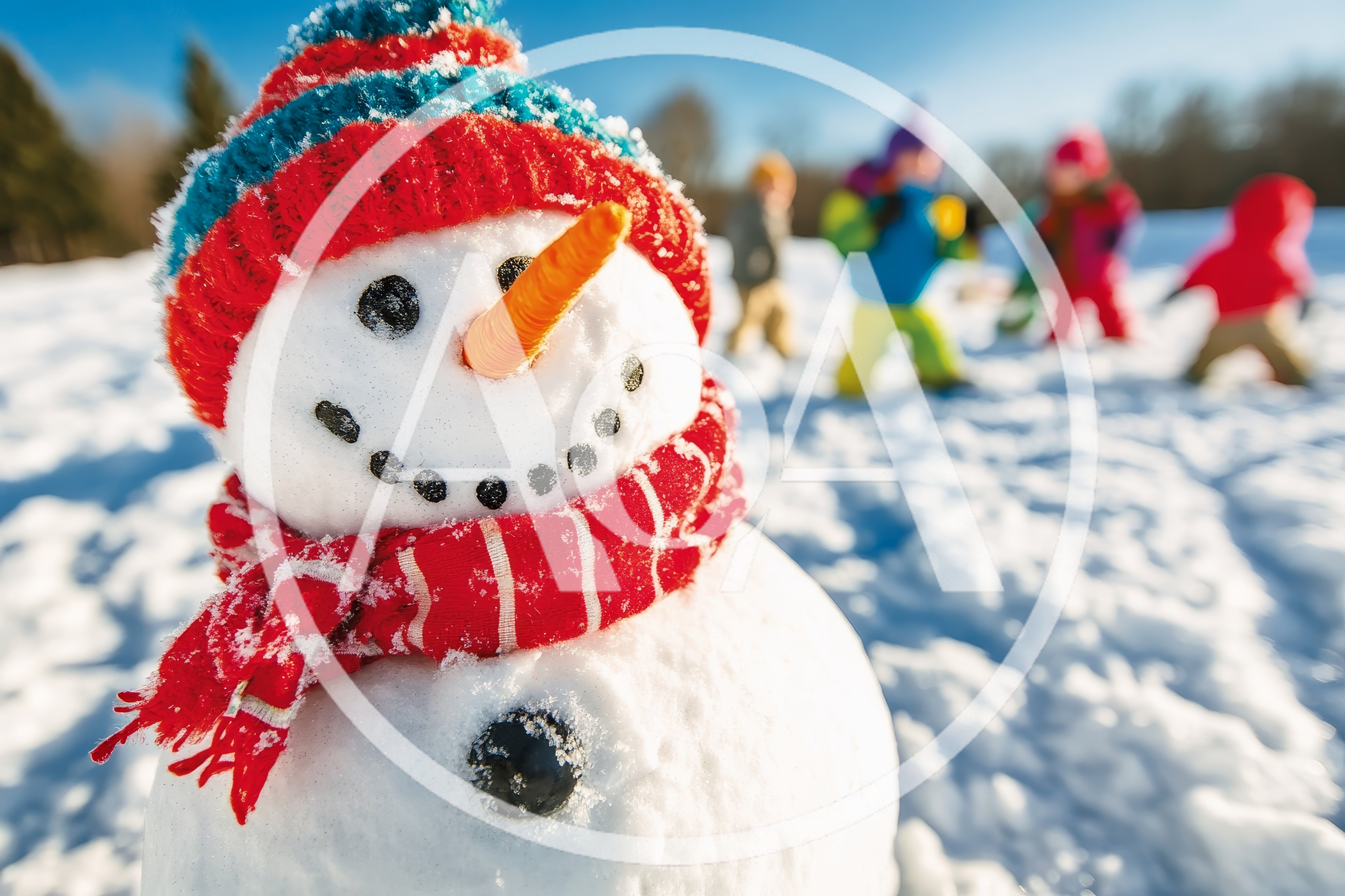 Close Up Of A Snowman With Children Playing