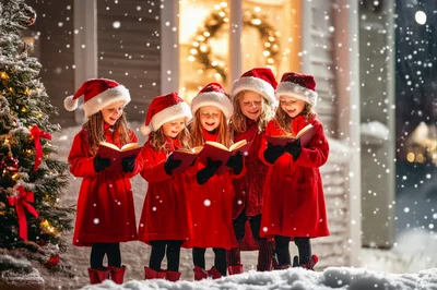 Five Young Girls Singing Christmas Carols Outdoors