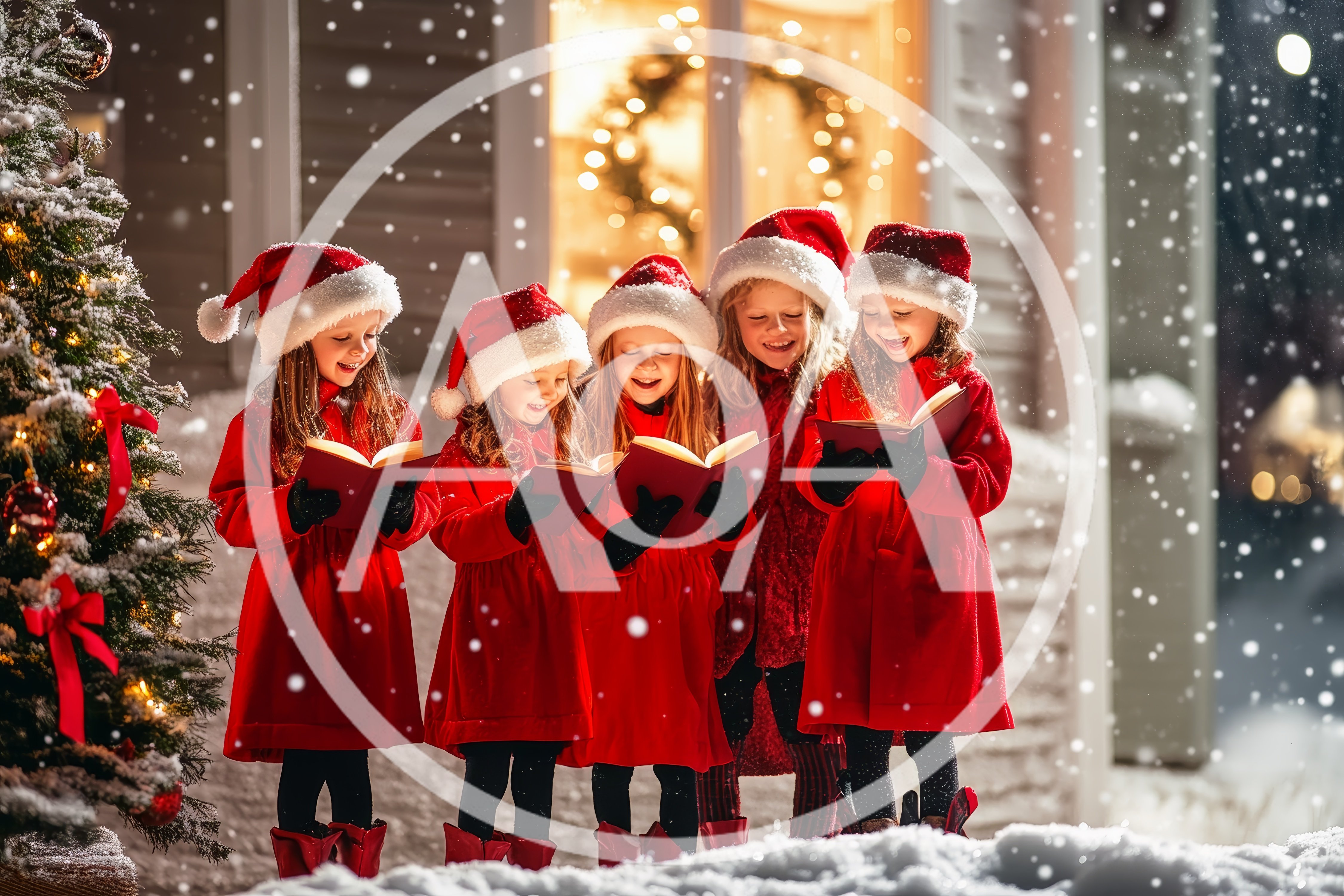 Five Young Girls Singing Christmas Carols Outdoors