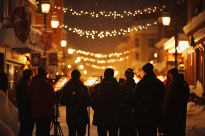 Group Of Carolers Singing In Snowy Winter Street