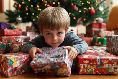 Young Boy Opening Christmas Presents Under Tree