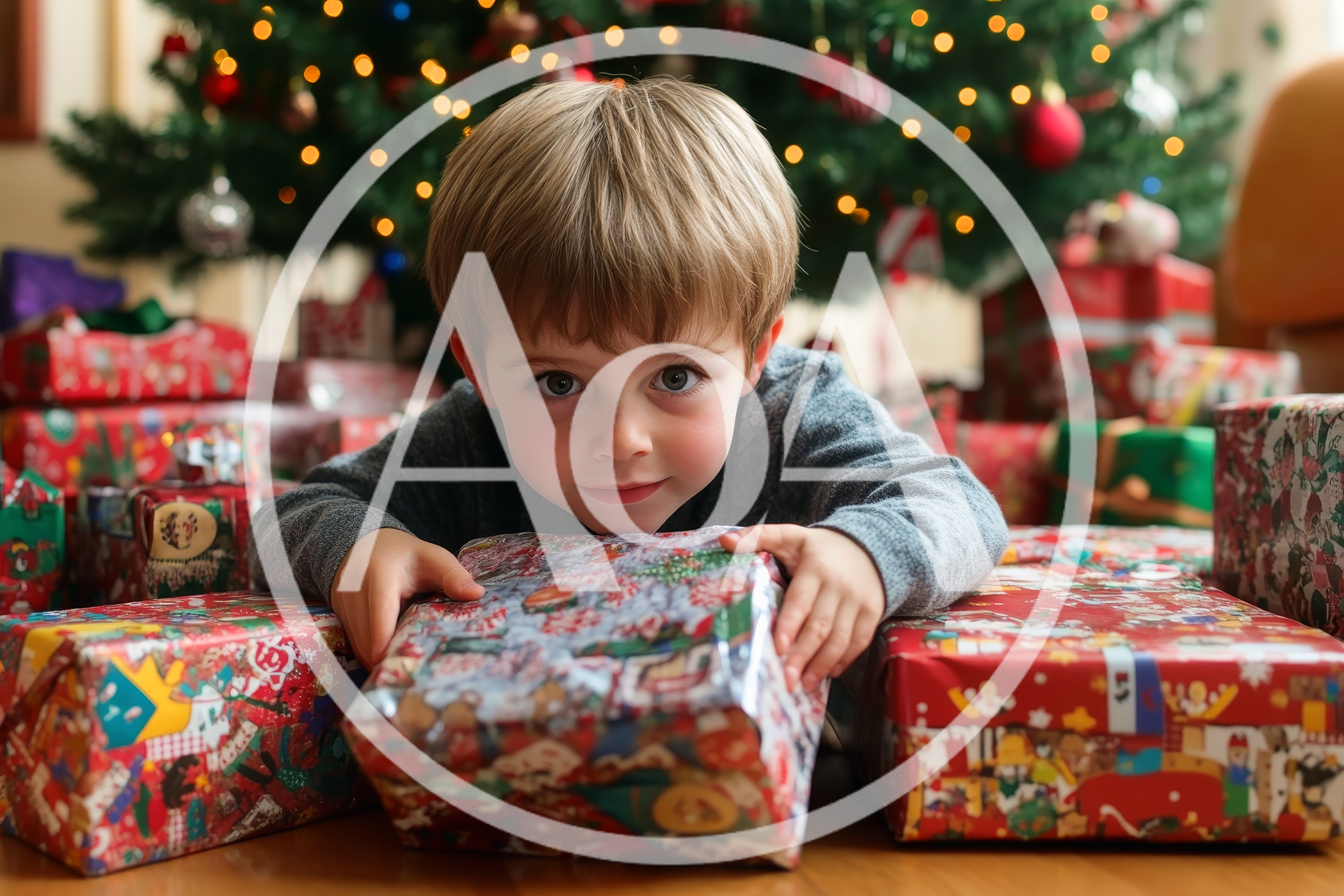 Young Boy Opening Christmas Presents Under Tree