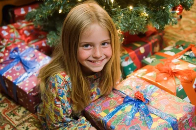 Young Girl Smiling Beside Christmas Tree With Wrapped Gifts