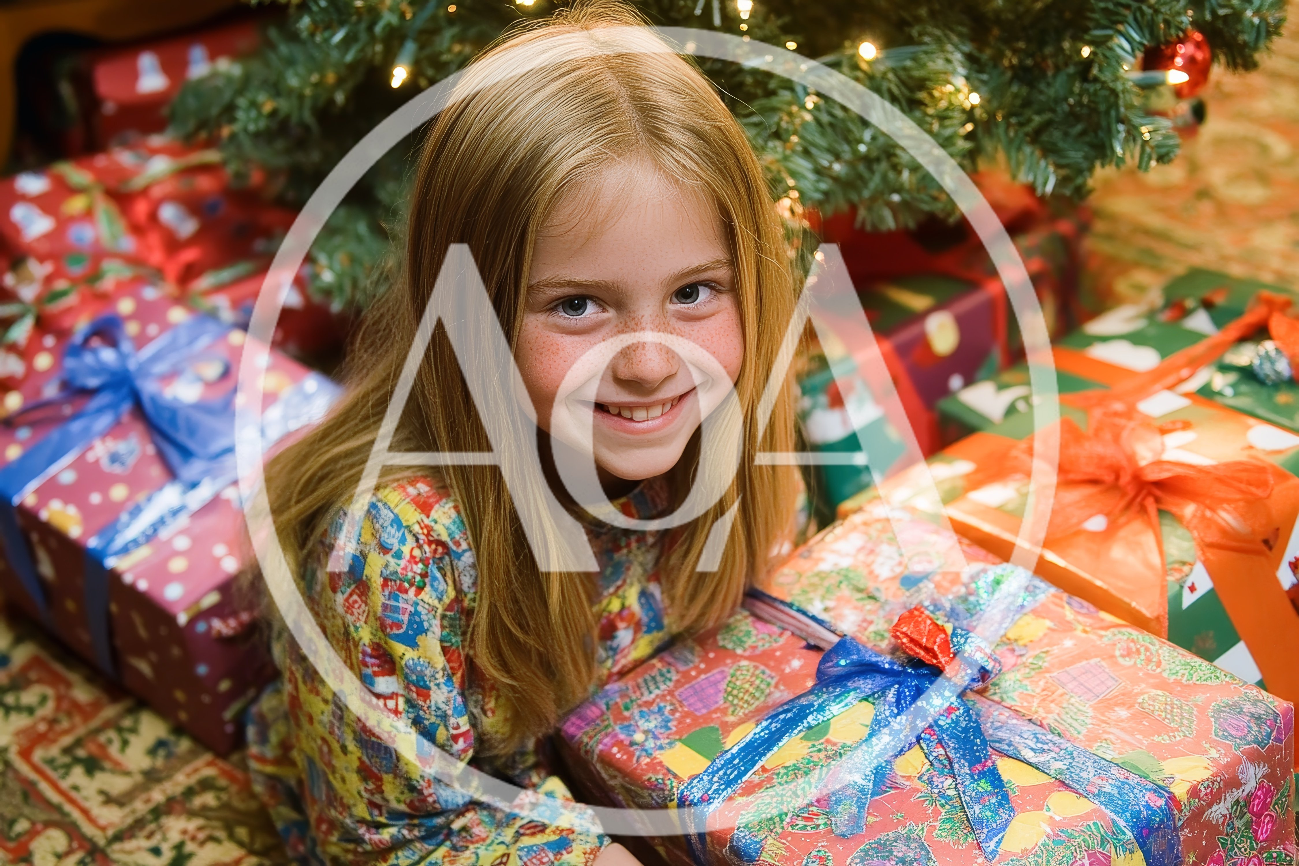 Young Girl Smiling Beside Christmas Tree With Wrapped Gifts