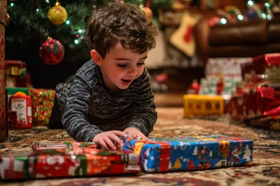 Young Boy Opening Christmas Presents Under Tree