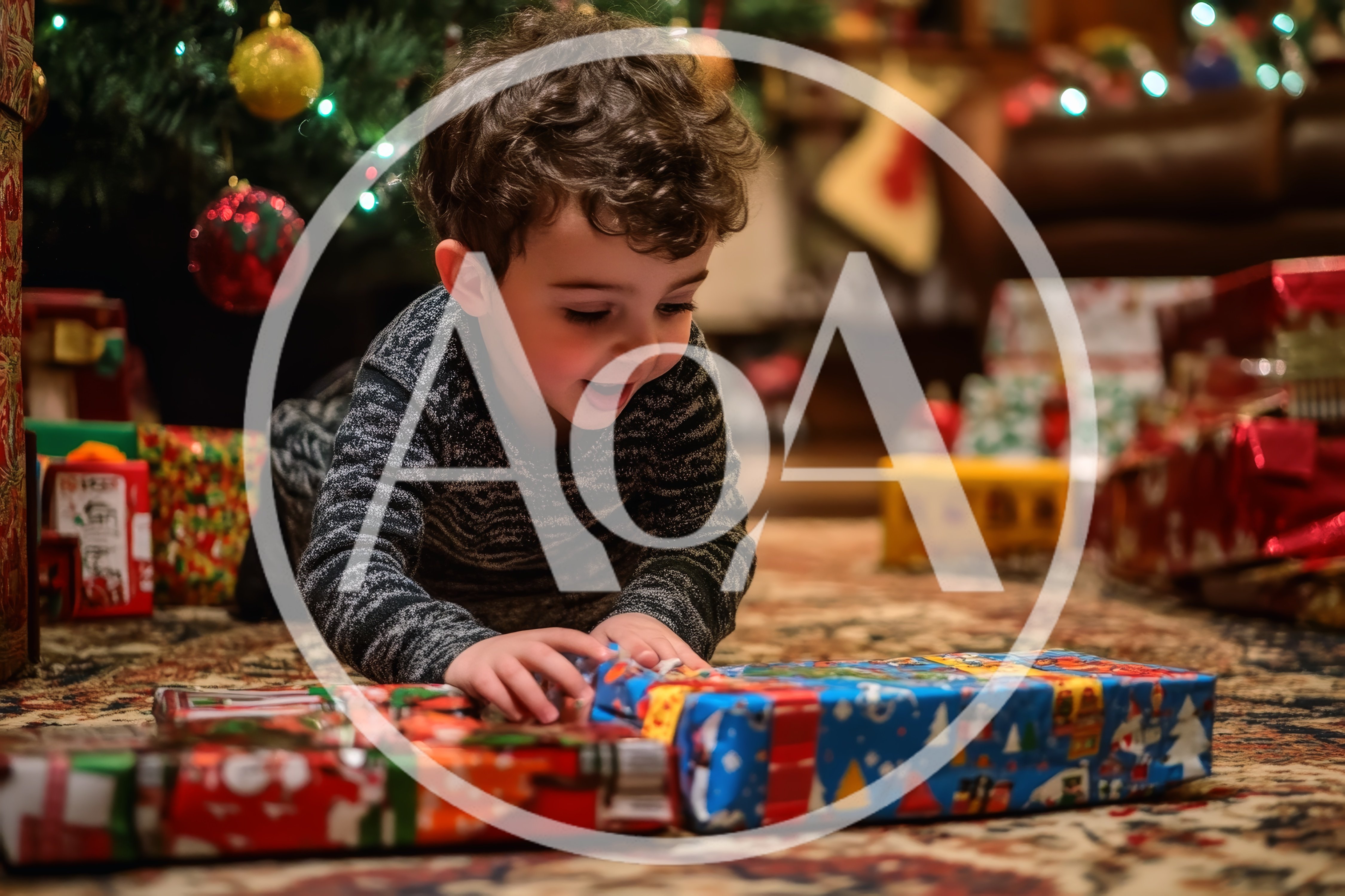 Young Boy Opening Christmas Presents Under Tree