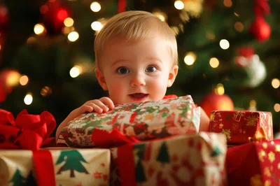 Toddler Playing With Christmas Presents Under Tree