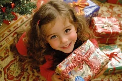 Little Girl Holding Christmas Gift Under Tree