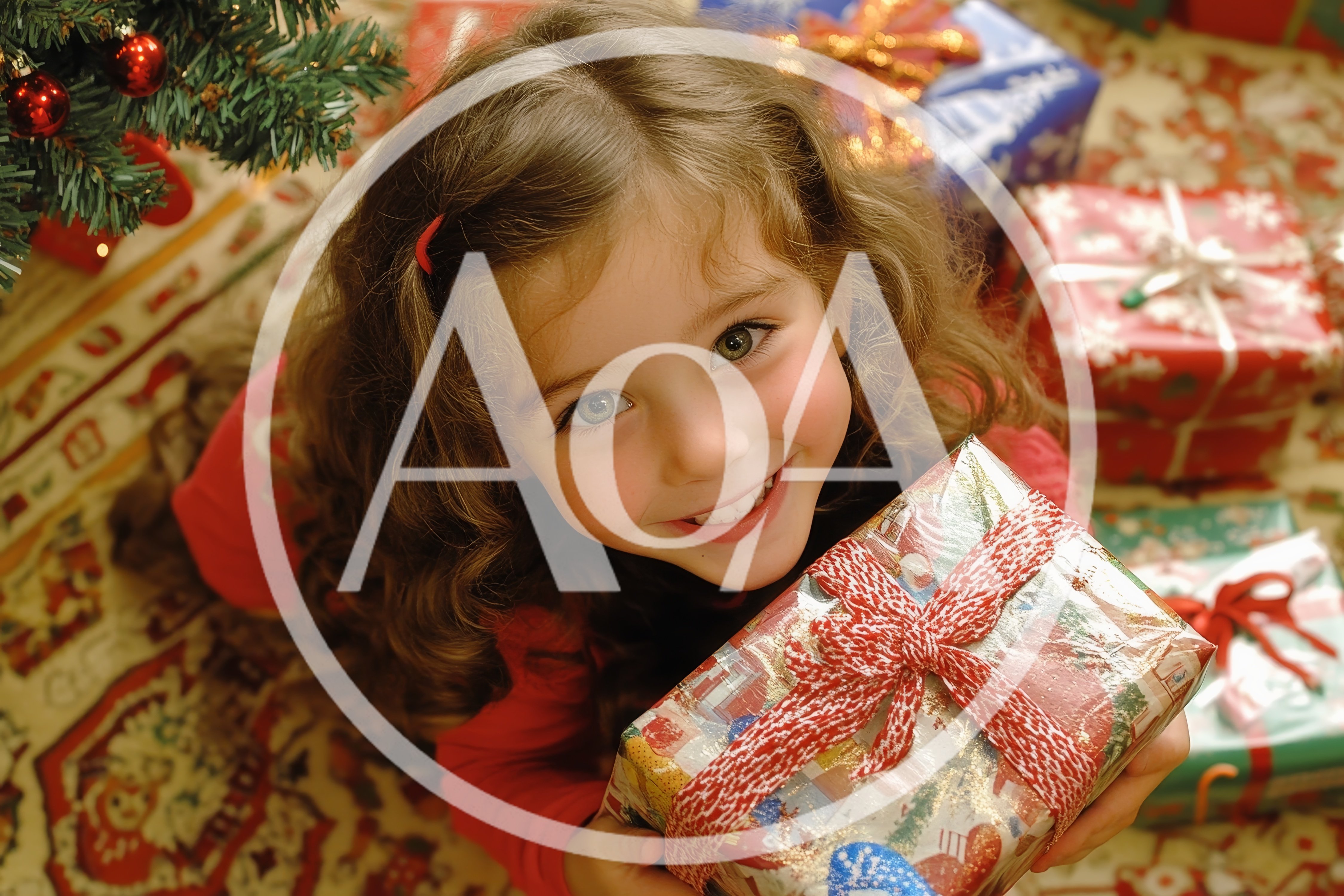 Little Girl Holding Christmas Gift Under Tree