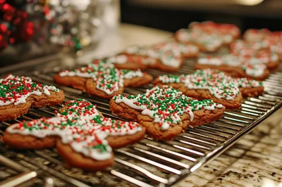 Freshly Baked Christmas Cookies On A Cooling Rack