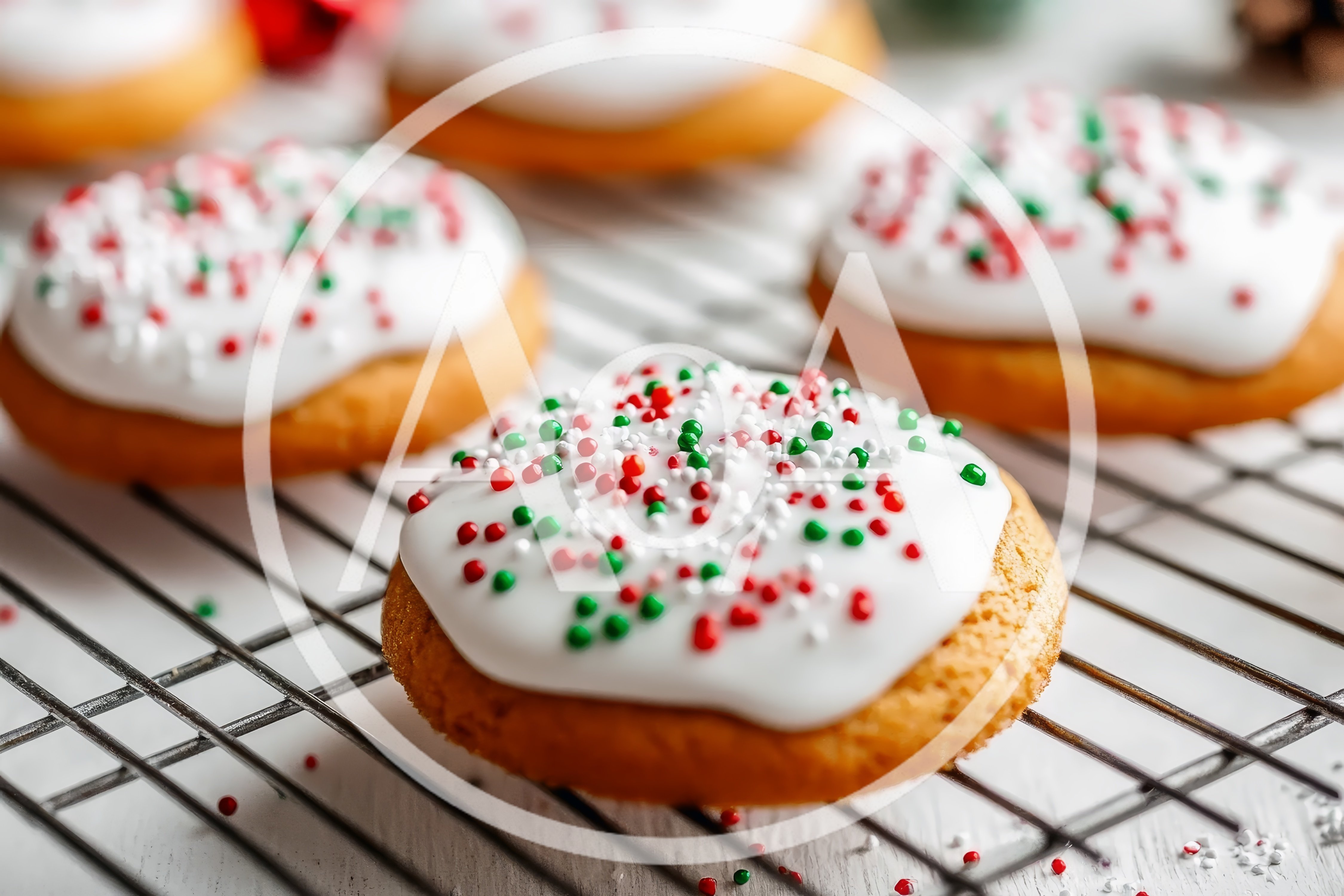 Freshly Baked Christmas Cookies With White Icing And Sprinkles