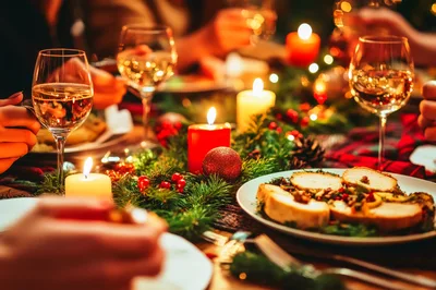 Friends Celebrating Christmas Dinner With Wine And Candles