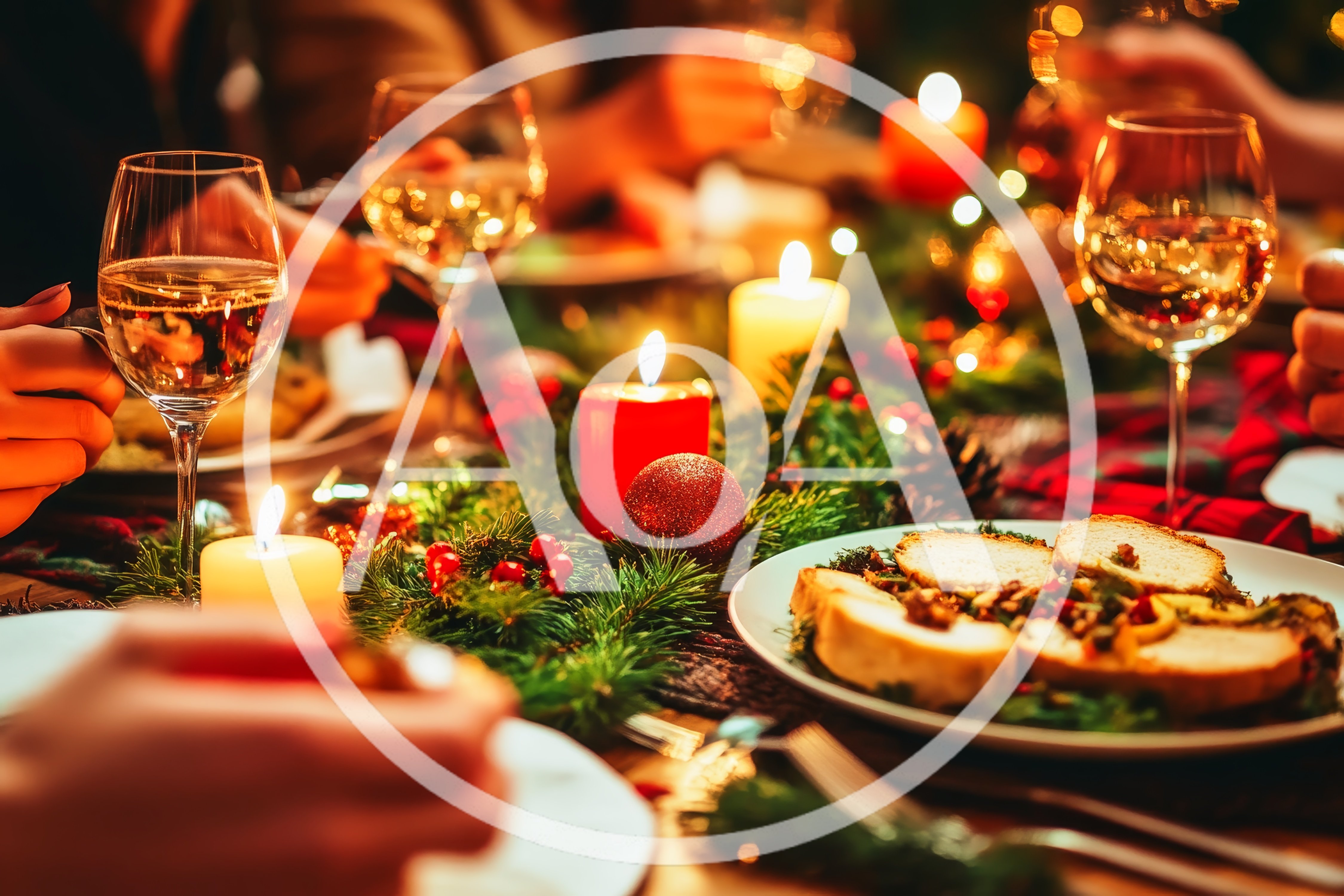 Friends Celebrating Christmas Dinner With Wine And Candles