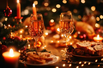 Two Glasses Of Wine On A Festive Christmas Table