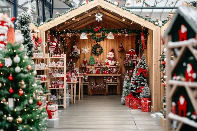 Christmas Market Stall With Festive Decorations And Ornaments