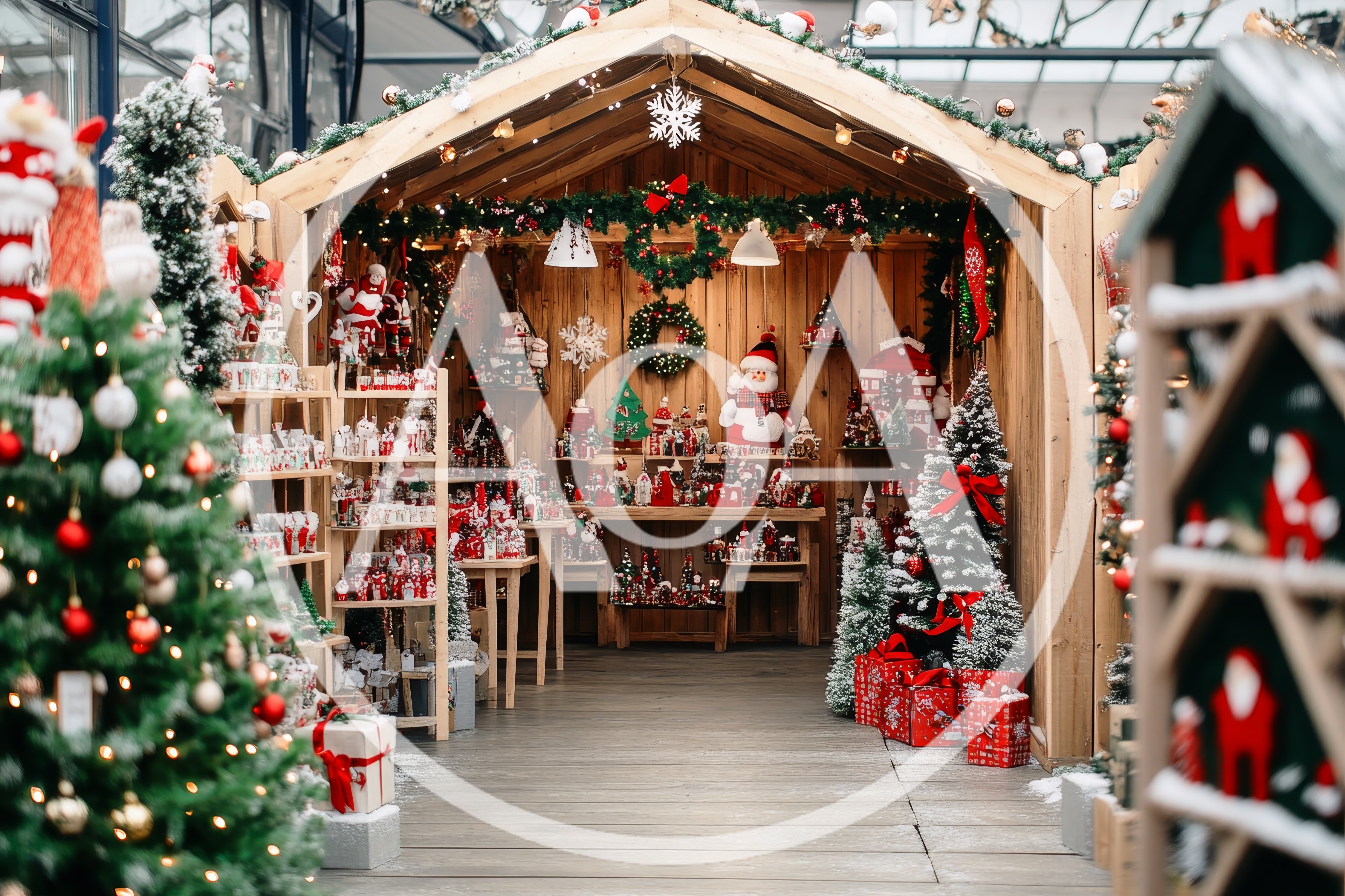 Christmas Market Stall With Festive Decorations And Ornaments