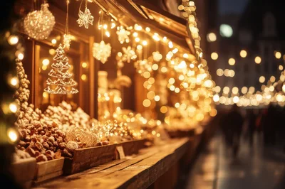 Festive Christmas Market Stall With Glowing Holiday Decorations