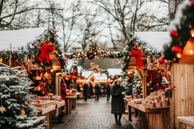 Festive Christmas Market Stalls With Holiday Decorations