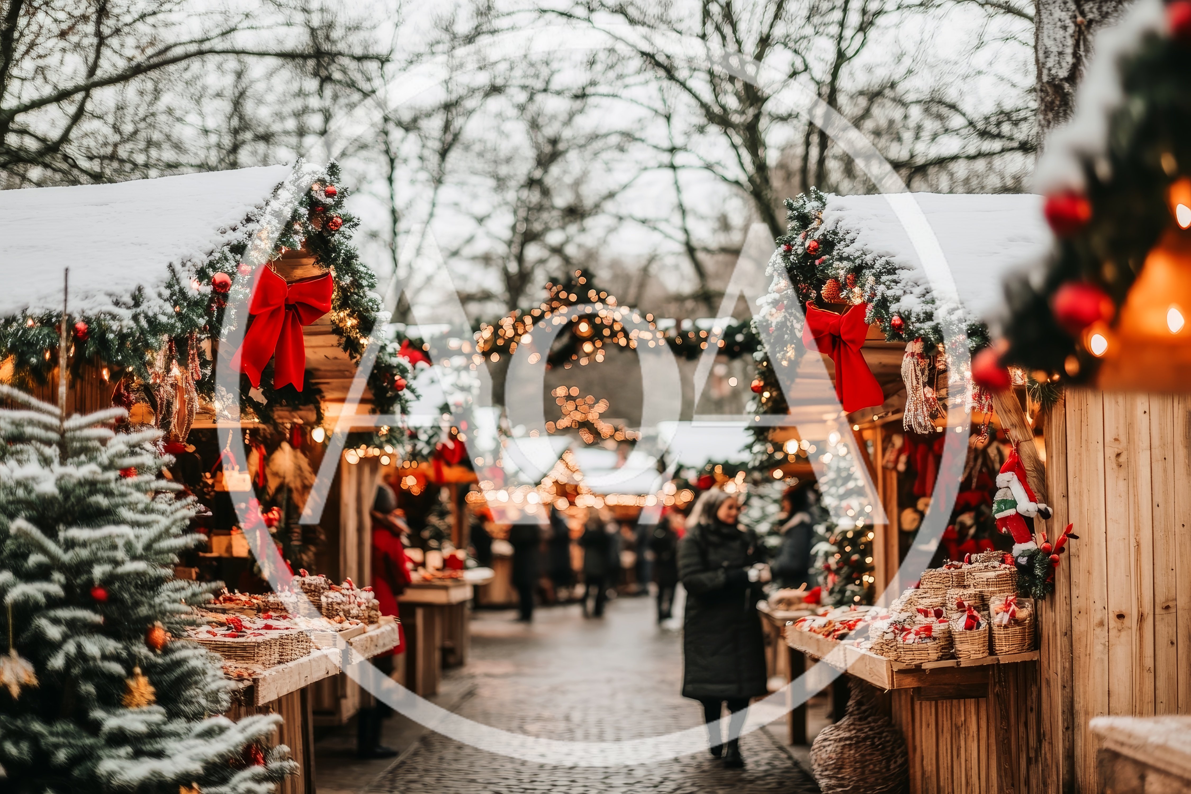 Festive Christmas Market Stalls With Holiday Decorations