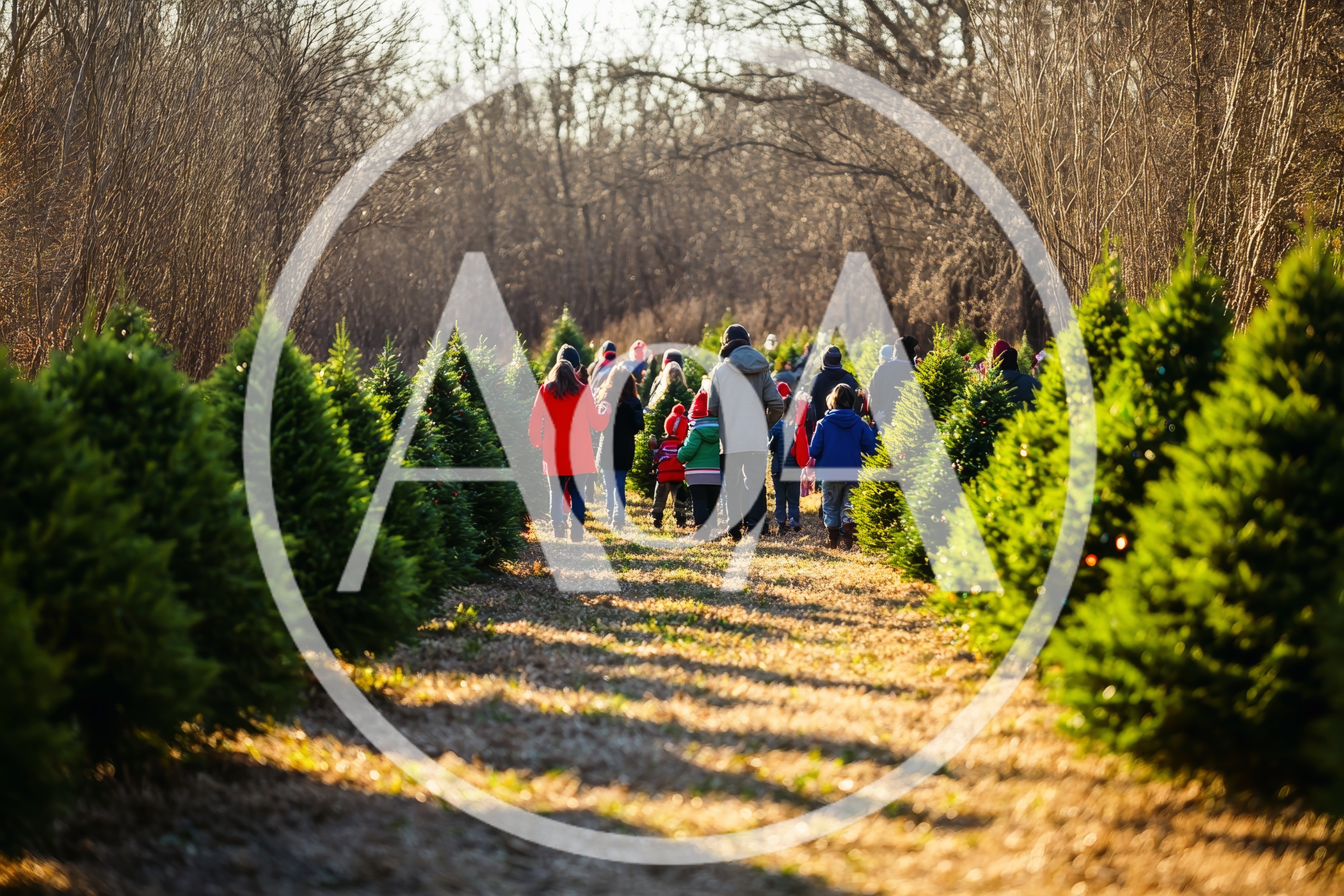 Families Walking Through A Christmas Tree Farm
