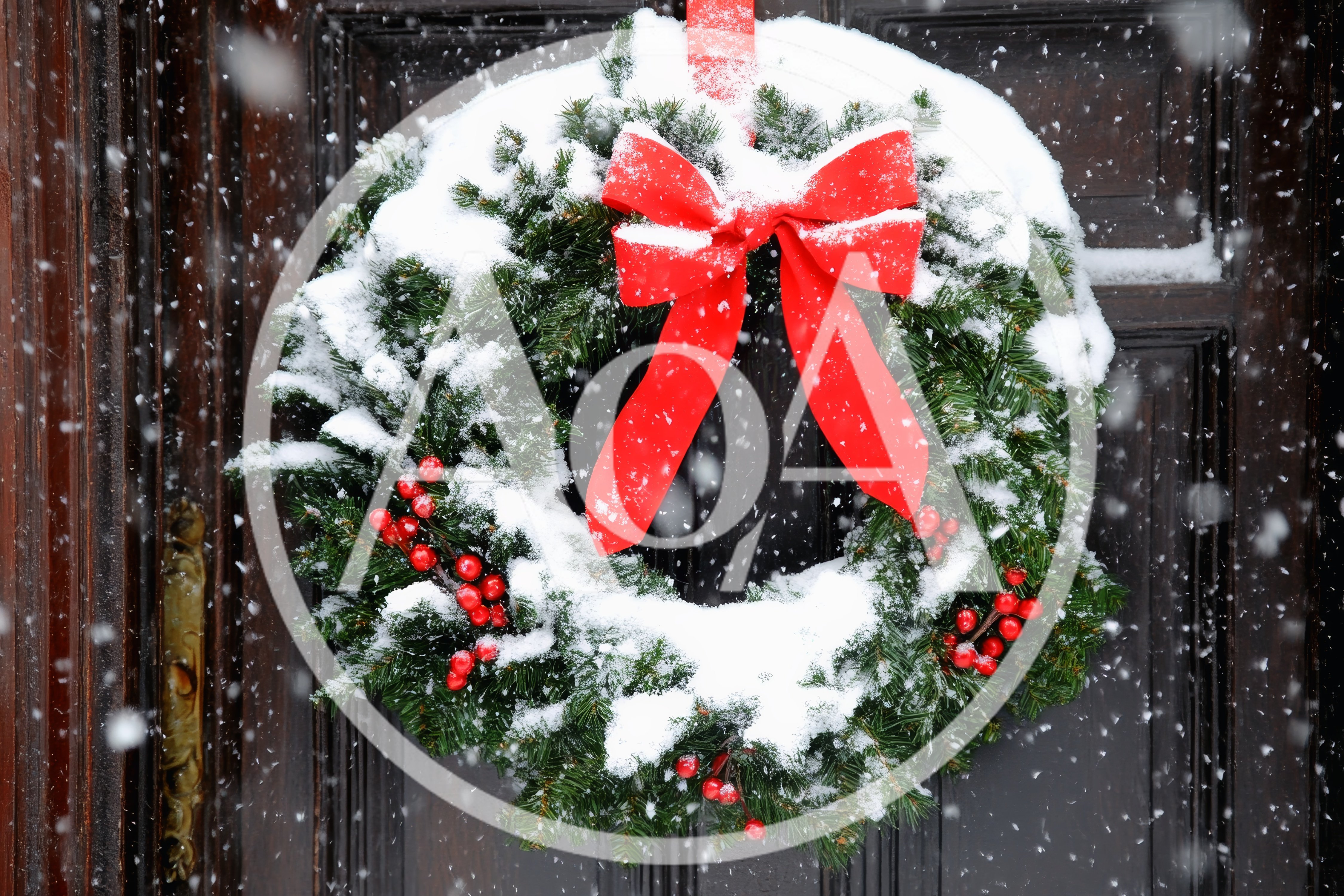 Snow Covered Christmas Wreath on Dark Wooden Door