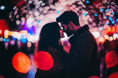 Romantic Couple Embracing Under Festive City Lights