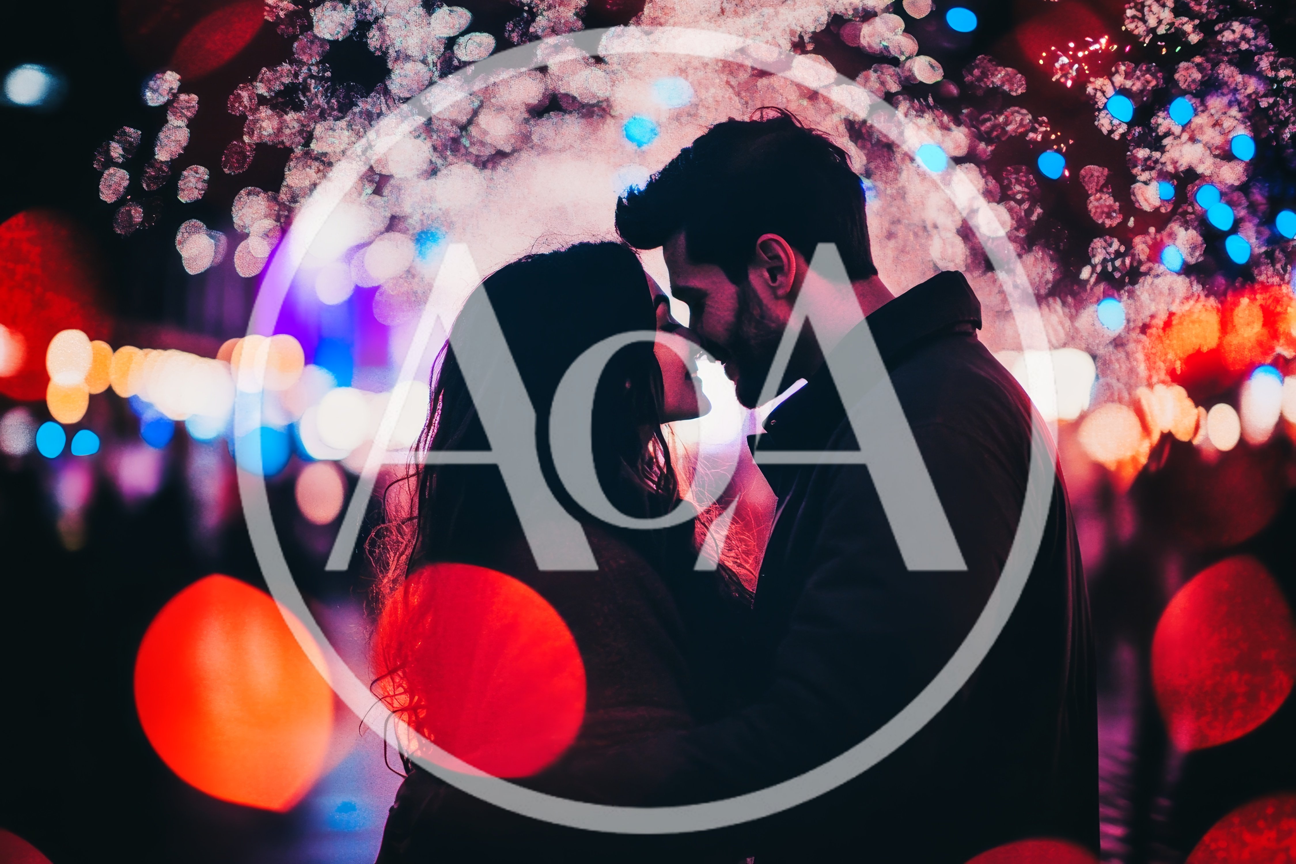 Romantic Couple Embracing Under Festive City Lights