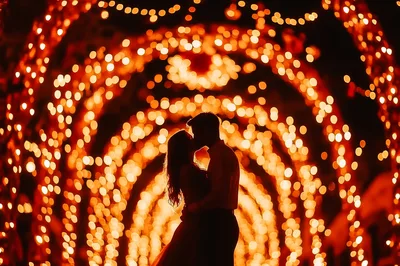 Silhouette Of A Romantic Couple Kissing Under Fairy Lights