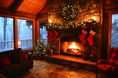 Cozy Christmas Living Room With Fireplace And Snow Outside