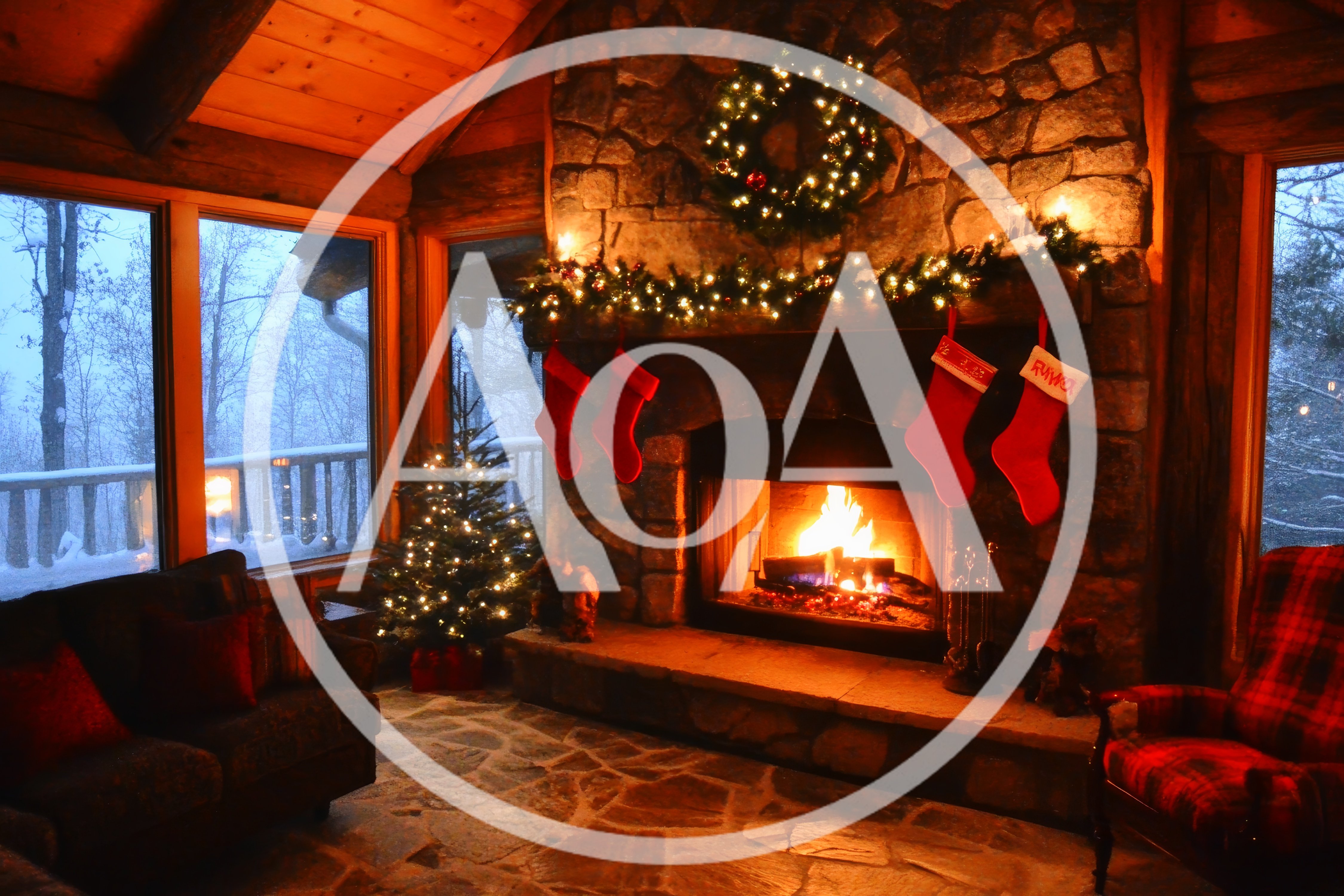 Cozy Christmas Living Room With Fireplace And Snow Outside