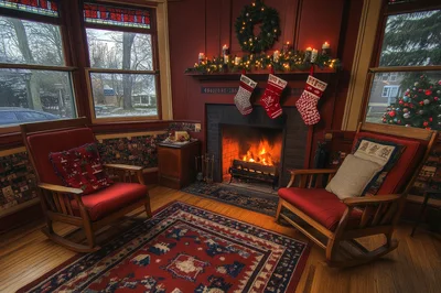 Cozy Living Room With Christmas Fireplace And Rocking Chairs