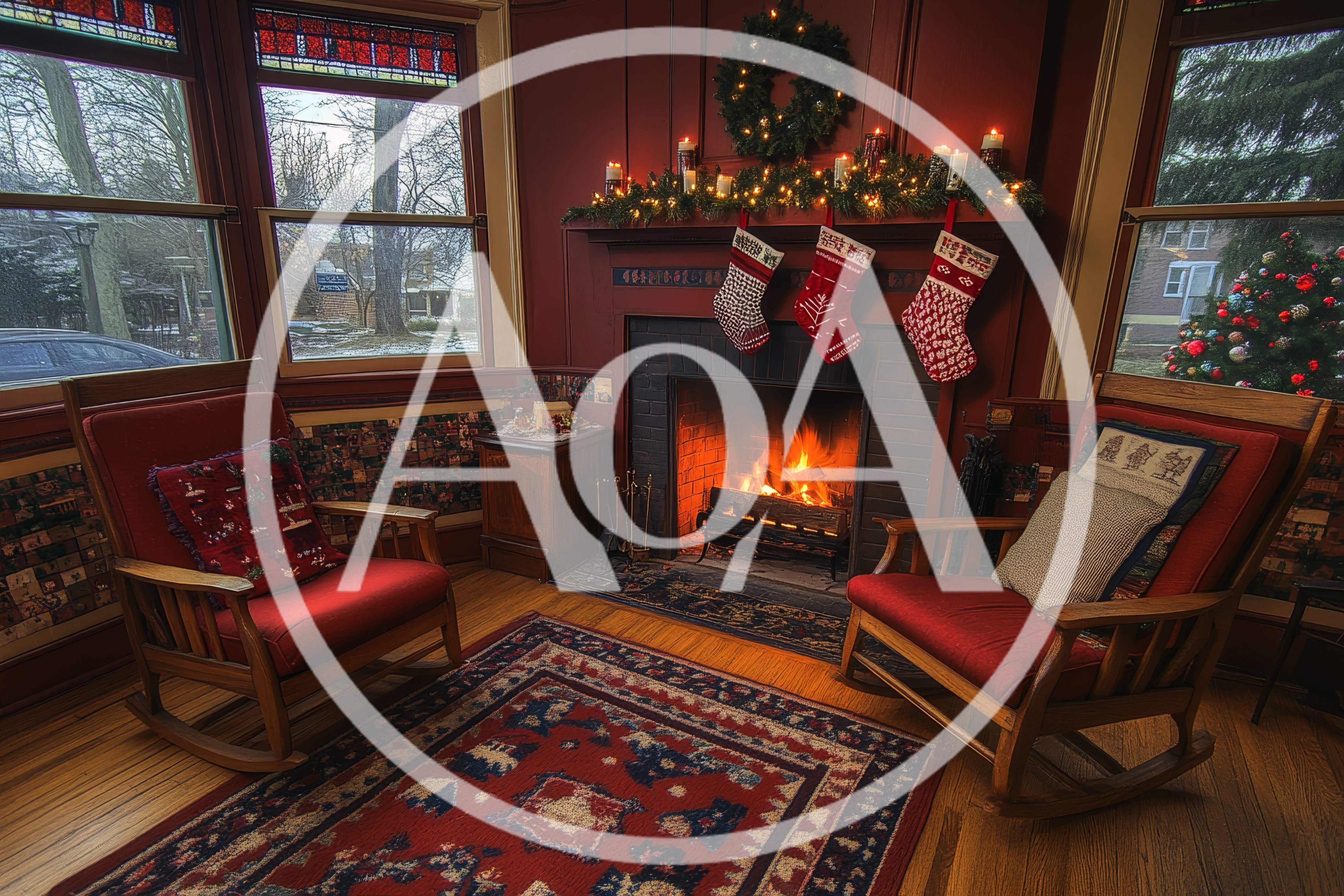 Cozy Living Room With Christmas Fireplace And Rocking Chairs