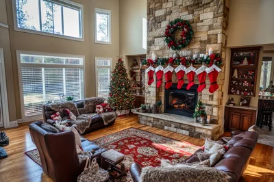 Cozy Living Room Decorated For Christmas Holidays