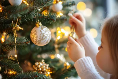 Young Child Decorating Christmas Tree With Ornaments