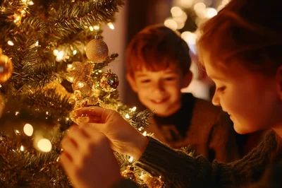 Children Decorating A Christmas Tree With Golden Ornaments