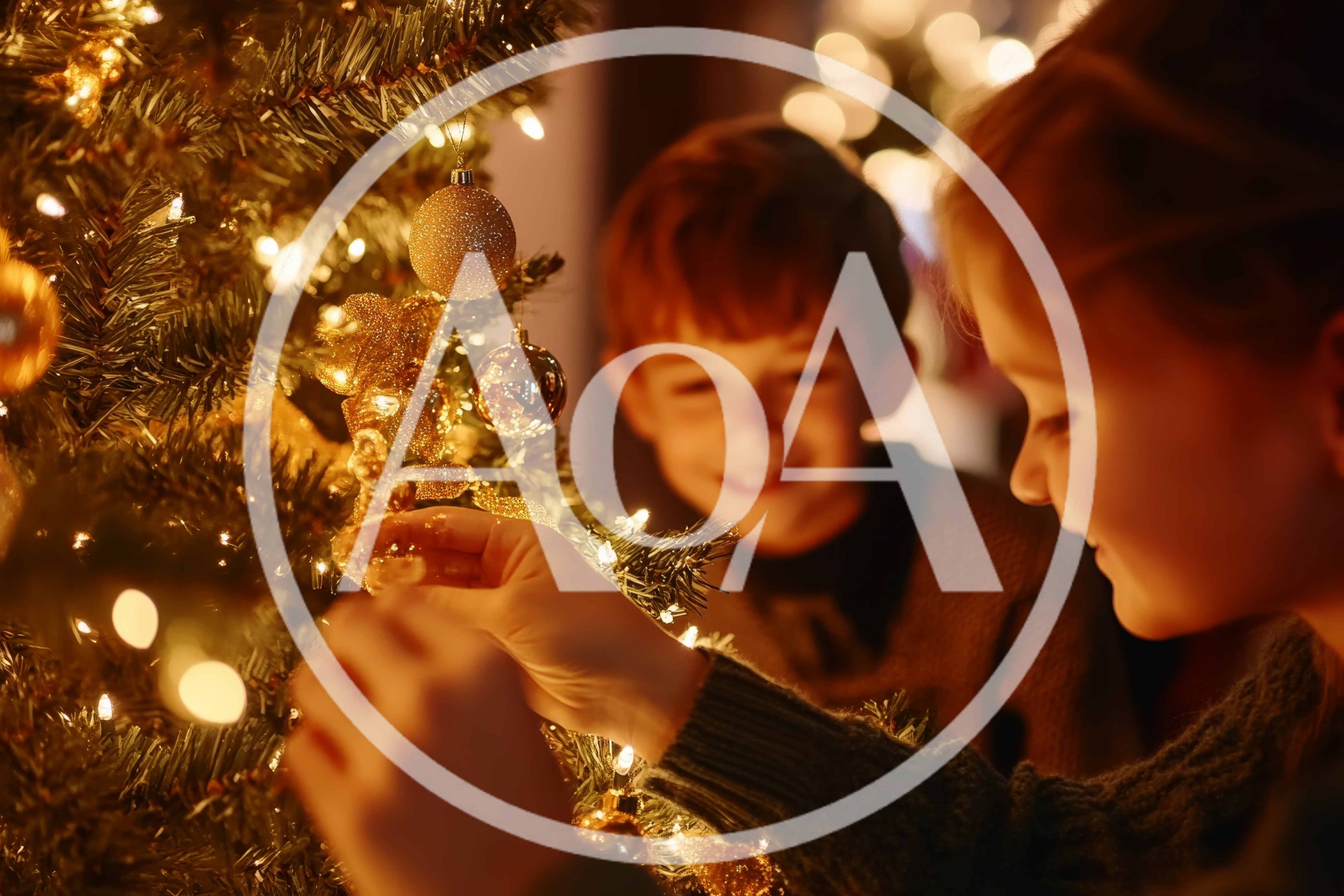 Children Decorating A Christmas Tree With Golden Ornaments