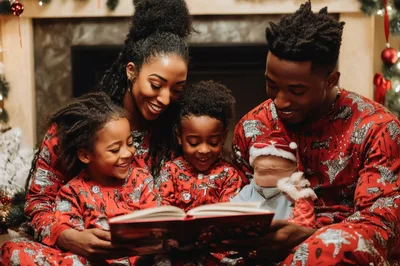 African American Family Reading Christmas Storybook Together
