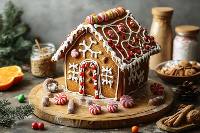 Festive Gingerbread House Decorated With Candy And Icing