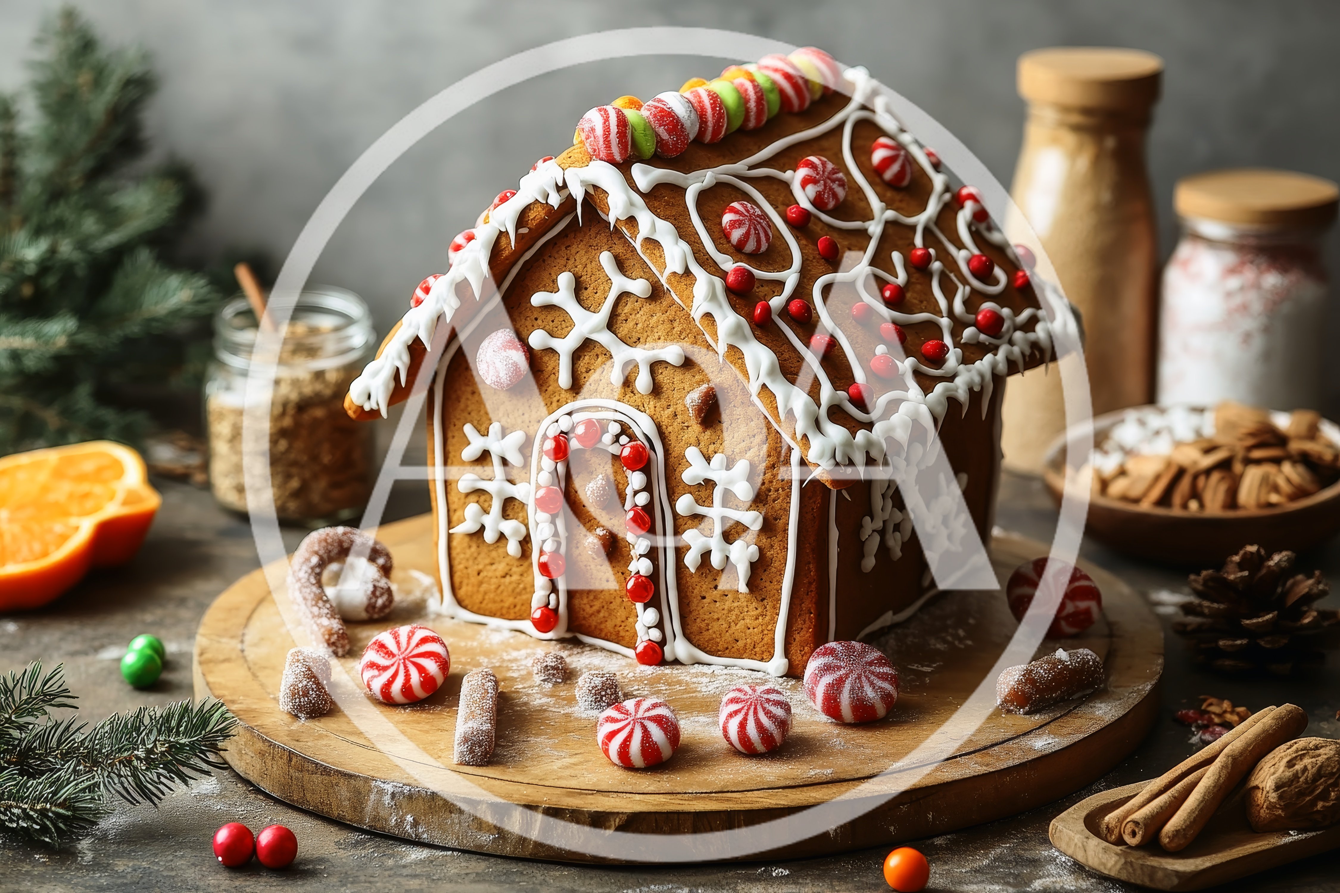 Festive Gingerbread House Decorated With Candy And Icing