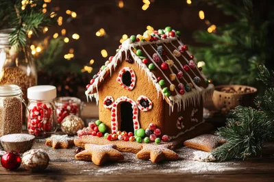 Festive Gingerbread House Decorated With Candy And Icing