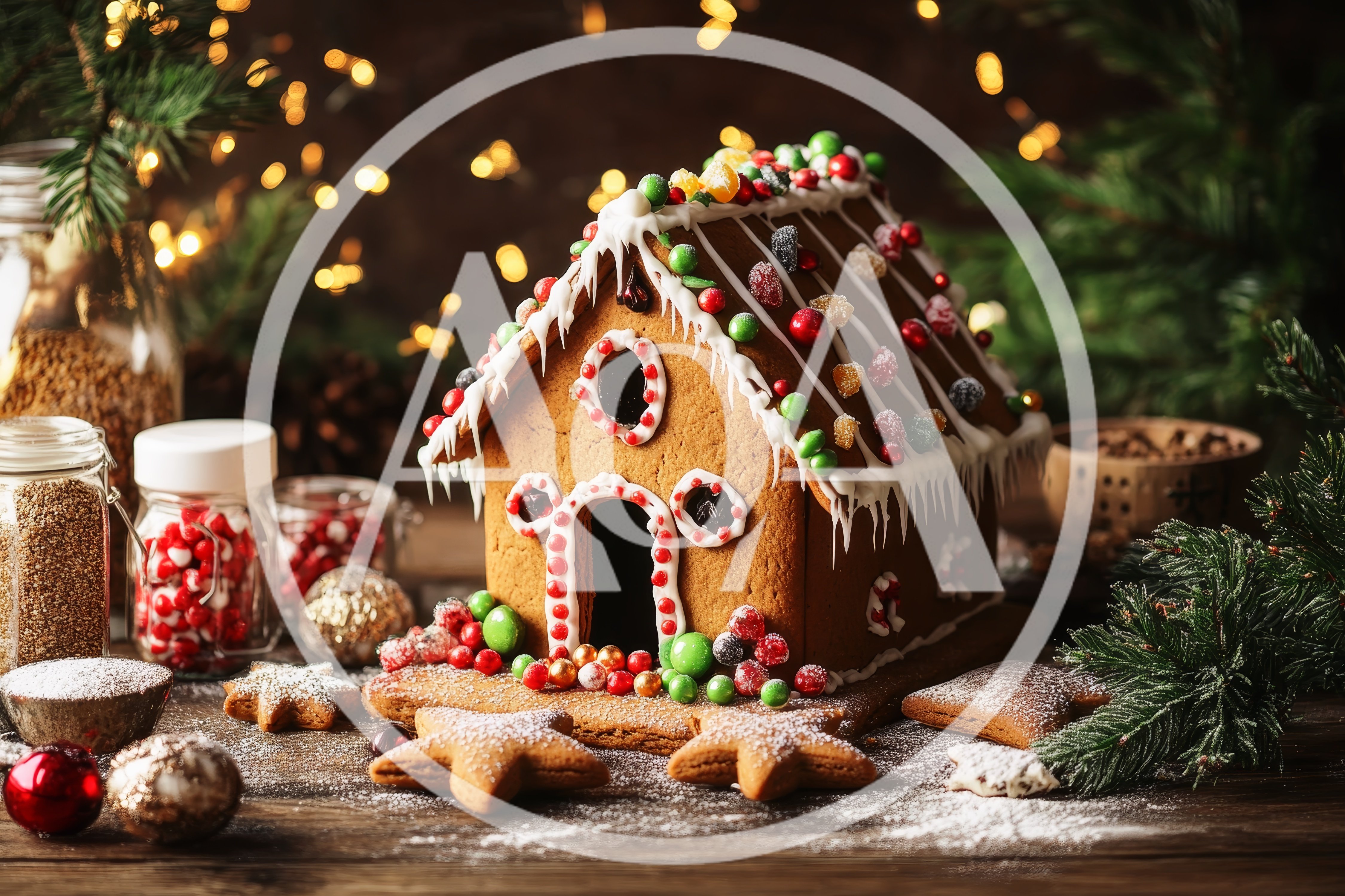 Festive Gingerbread House Decorated With Candy And Icing