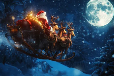 Santa Claus Flying Sleigh With Reindeer Under Full Moon