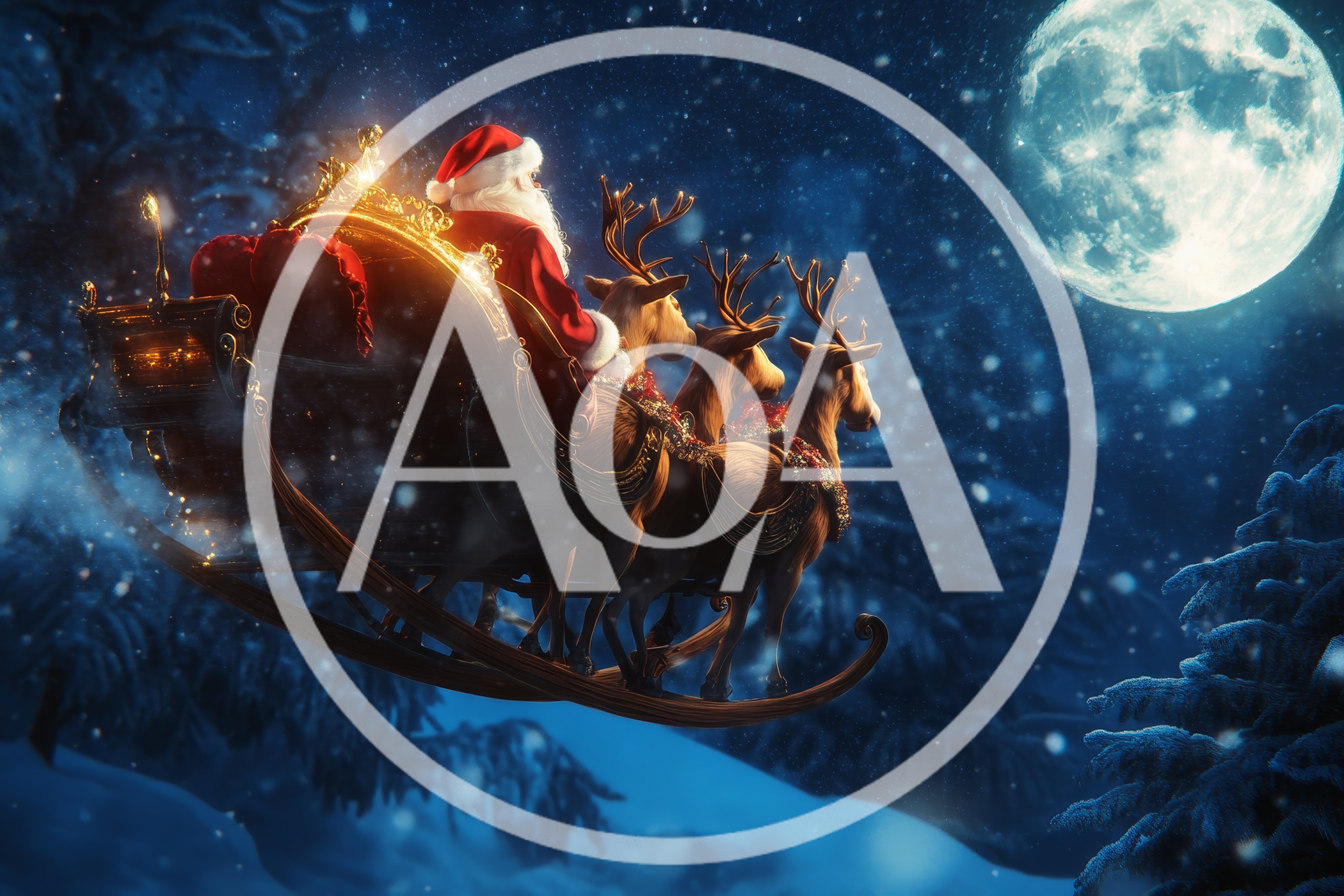 Santa Claus Flying Sleigh With Reindeer Under Full Moon