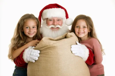 Santa Claus Holding A Sack With Two Young Girls