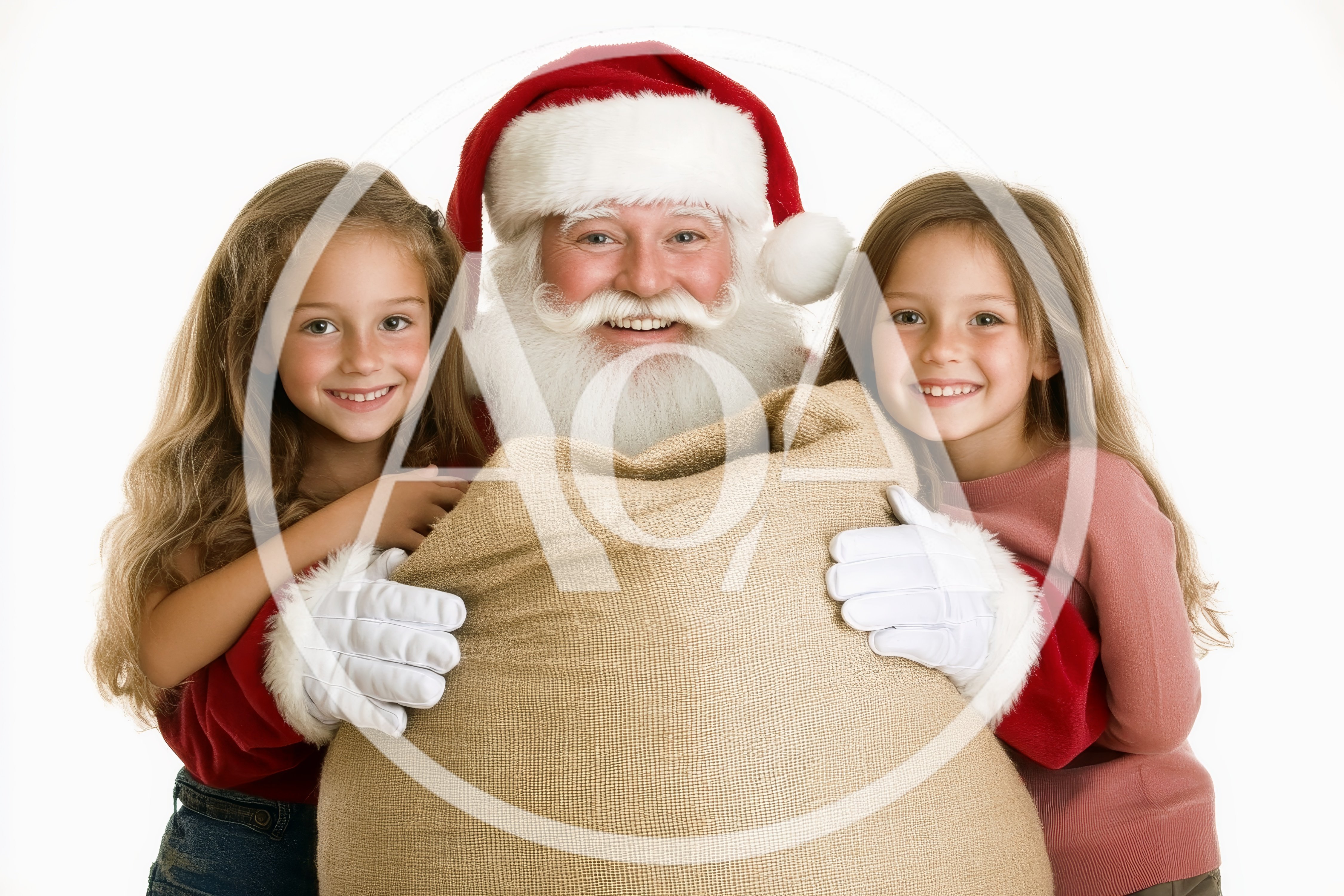 Santa Claus Holding A Sack With Two Young Girls